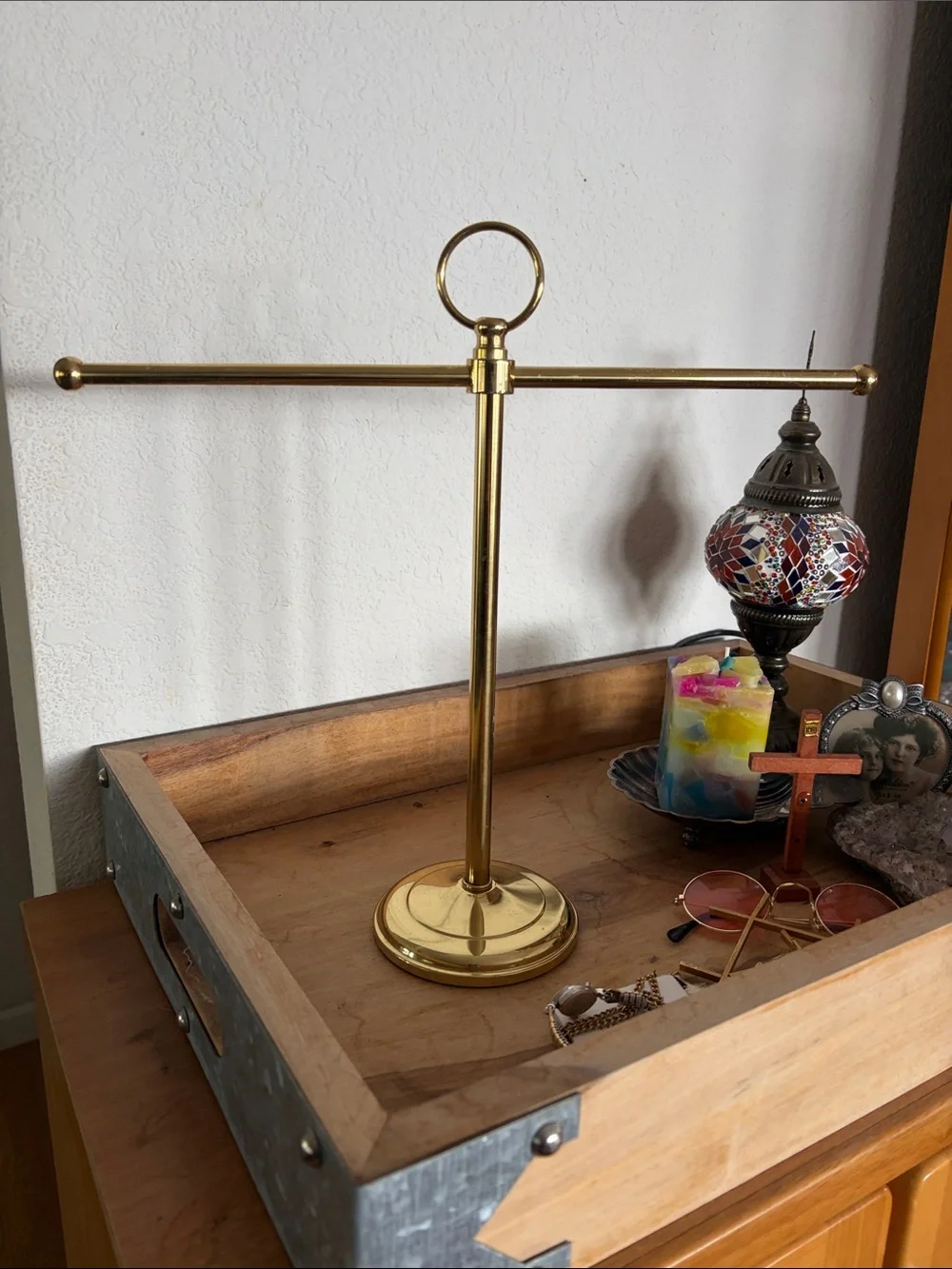 Gold Towel and Jewelry Stand with Ring Top